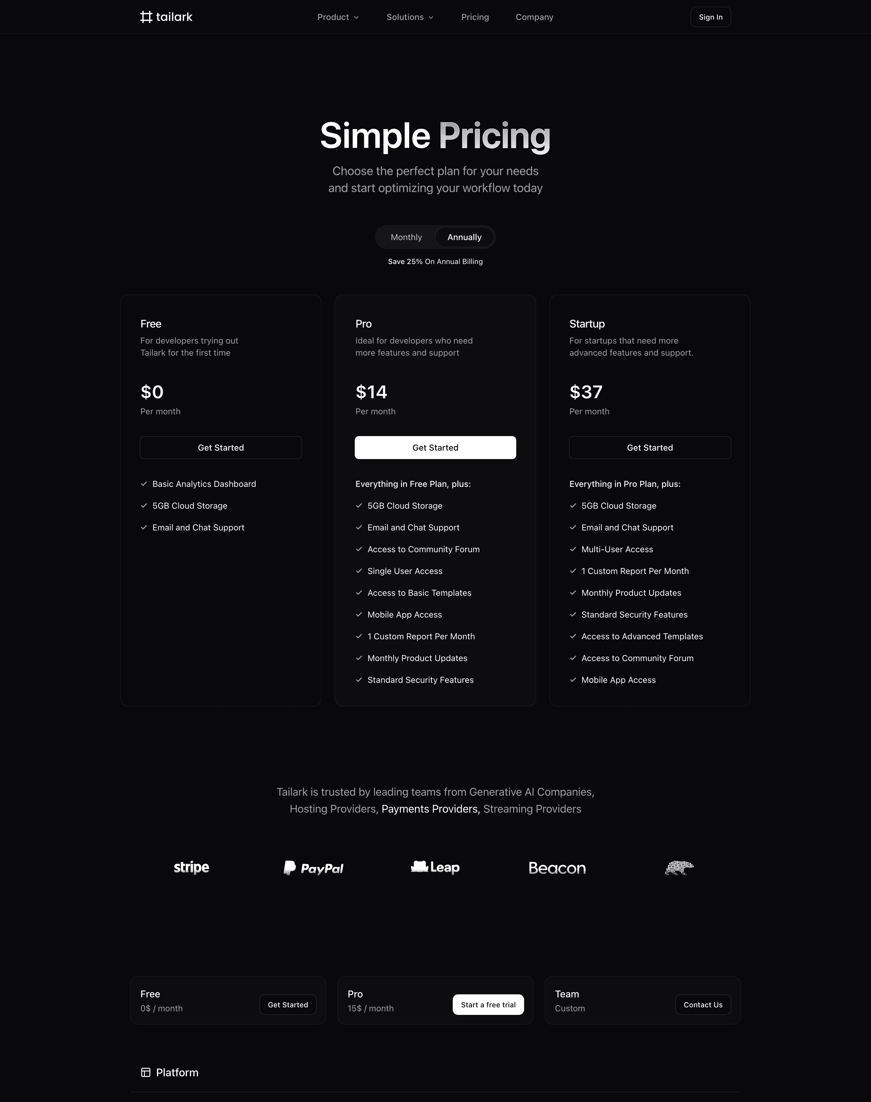 Tailark Pro dark pricing page