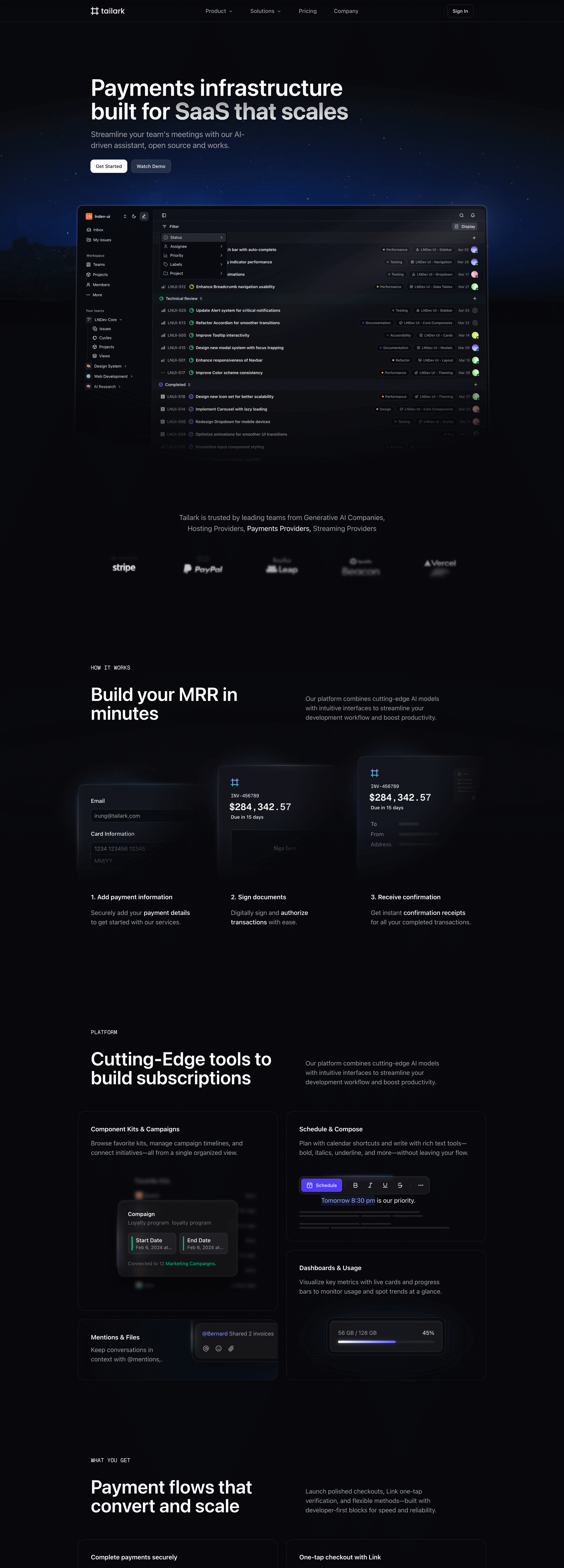 Tailark Quartz dark landing page