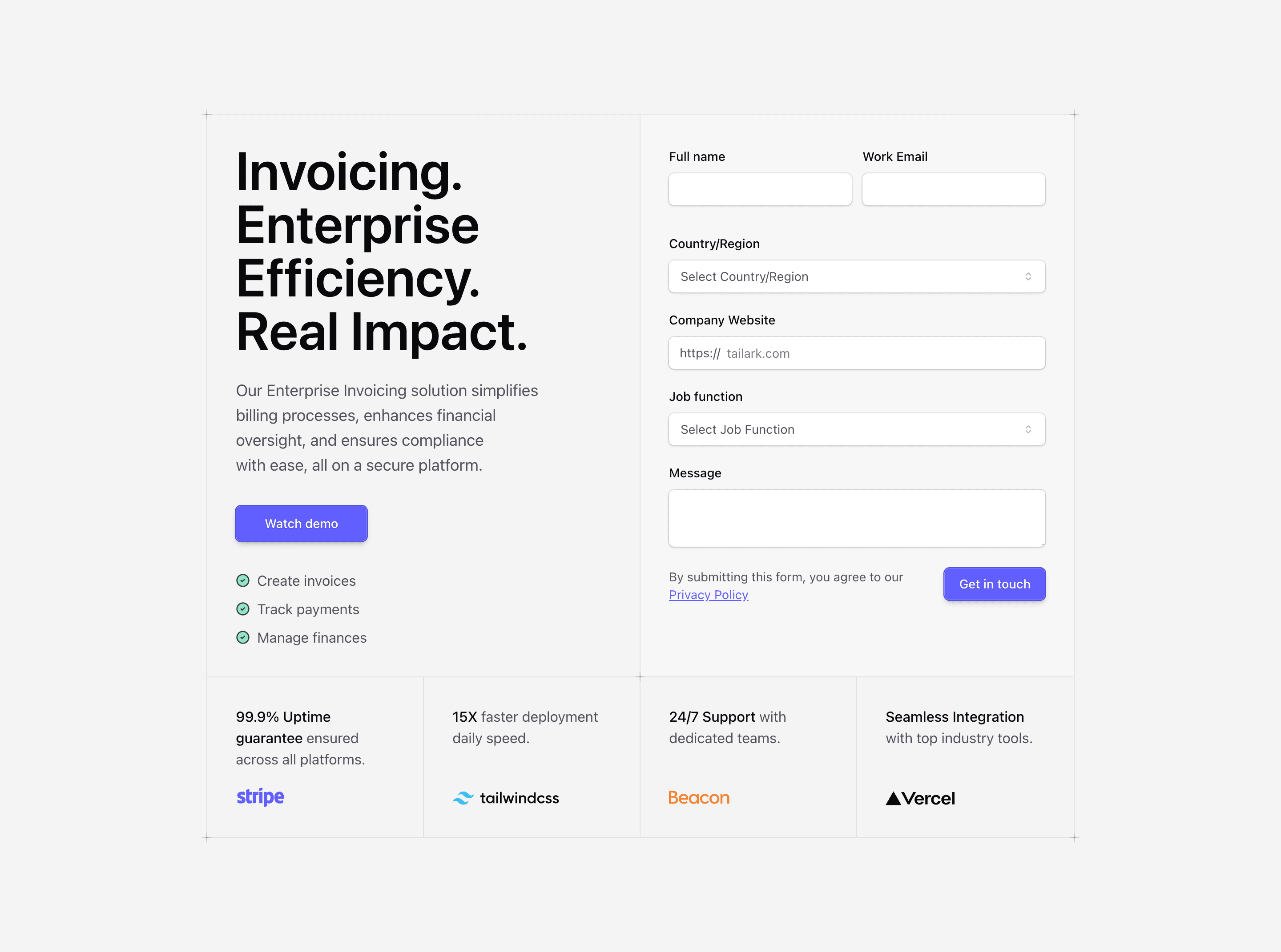 Tailark Quartz secondary hero section four