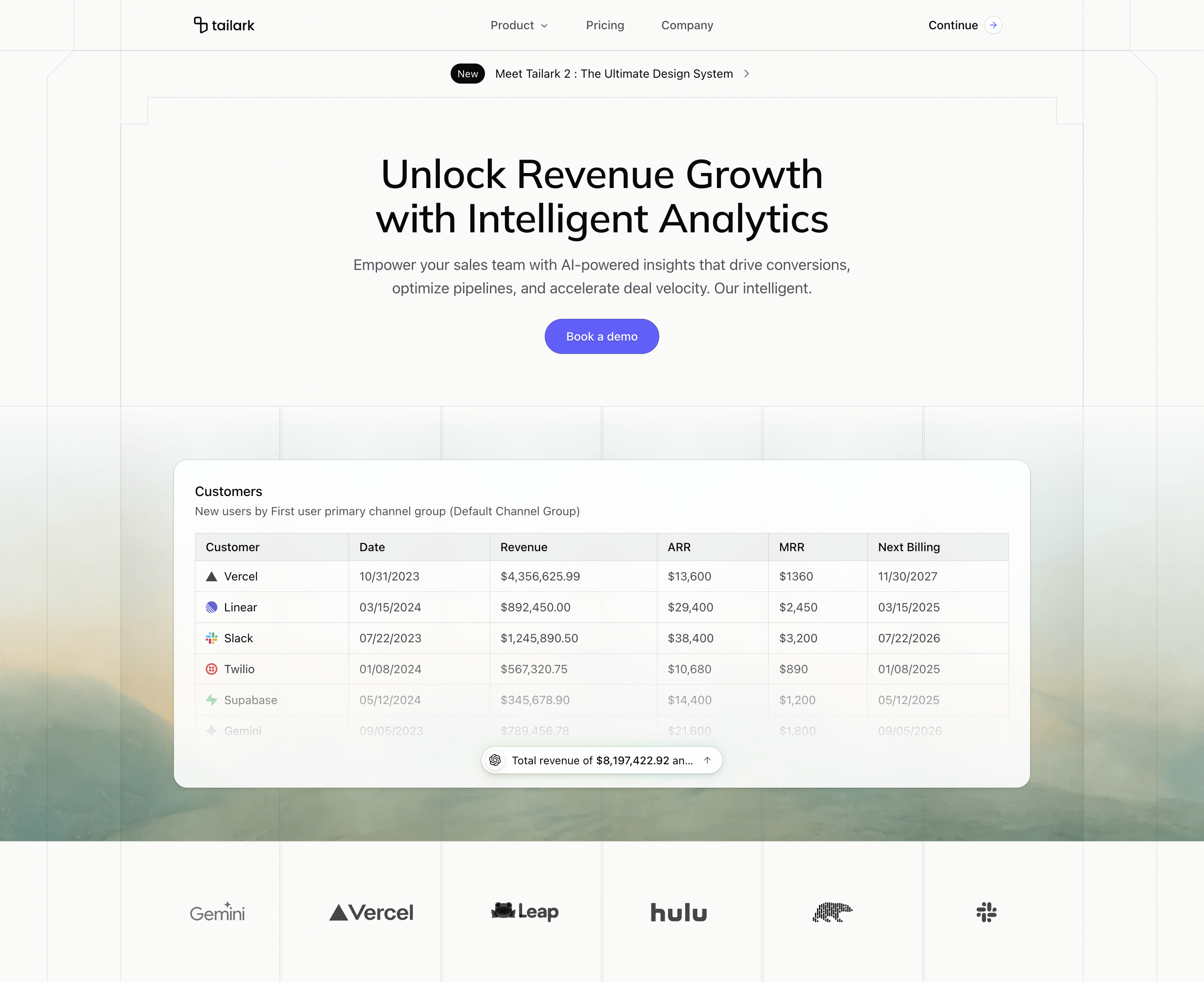 Hero Section Six — serif headline, a customer table, and an AI synthesis pill anchored at the bottom